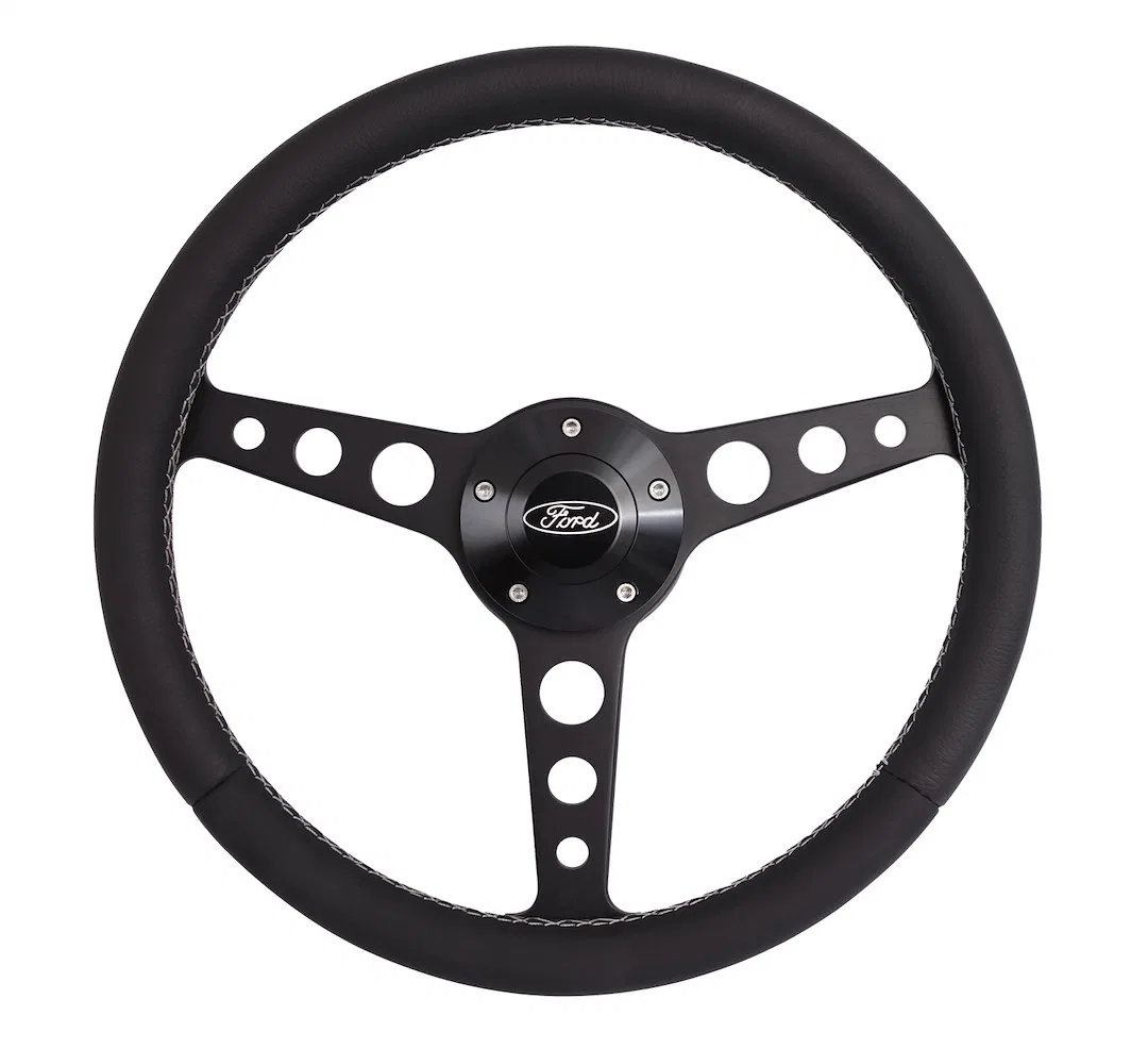 1927-1 – GRANT Steering Wheel, 14 Inch Diameter 3 Spoke Black Leather Grip Black Spoke With Ford Logo And Installatio...